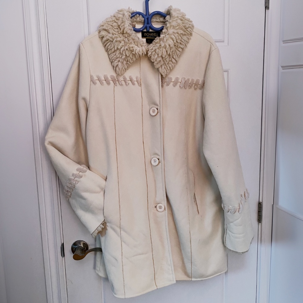 NOVELTI WINTER WHITE VEGAN SHEARLING SUEDE COAT, SIZE XL